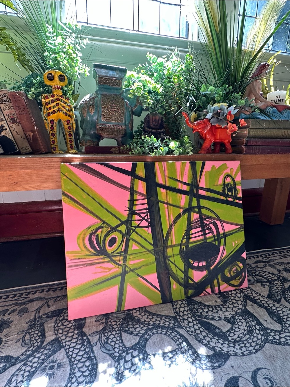 Abstract Pink and Green Modern Wall Art Canvas - Unbranded